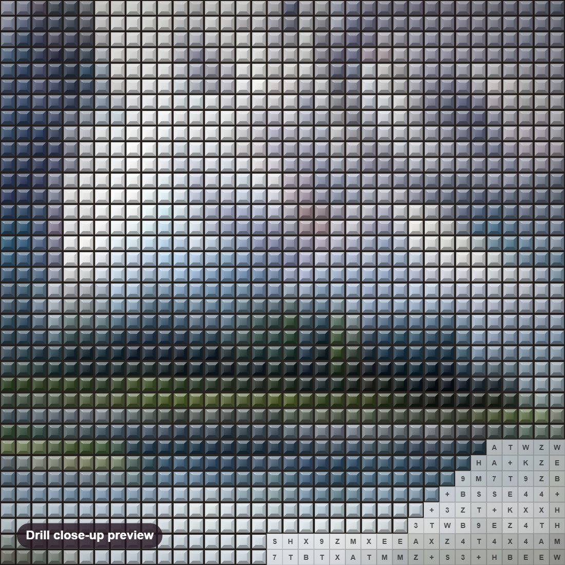 Close-up preview of the Snowy Mountain & Lake diamond painting with square 5D drills and printed canvas symbols