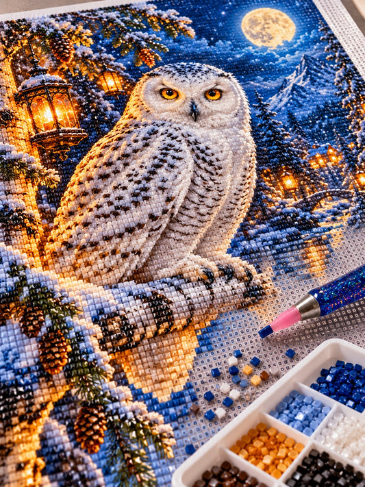Close-up of the snowy owl in a lantern-lit winter forest diamond painting in progress, square resin drills, wax pen and drill tray