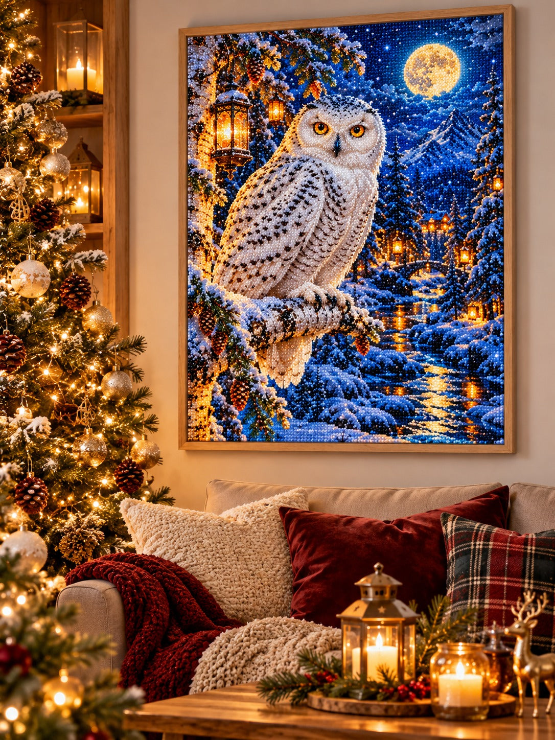 Finished snowy owl in a lantern-lit winter forest diamond painting in a light oak frame hanging in a cozy living room decorated for Christmas