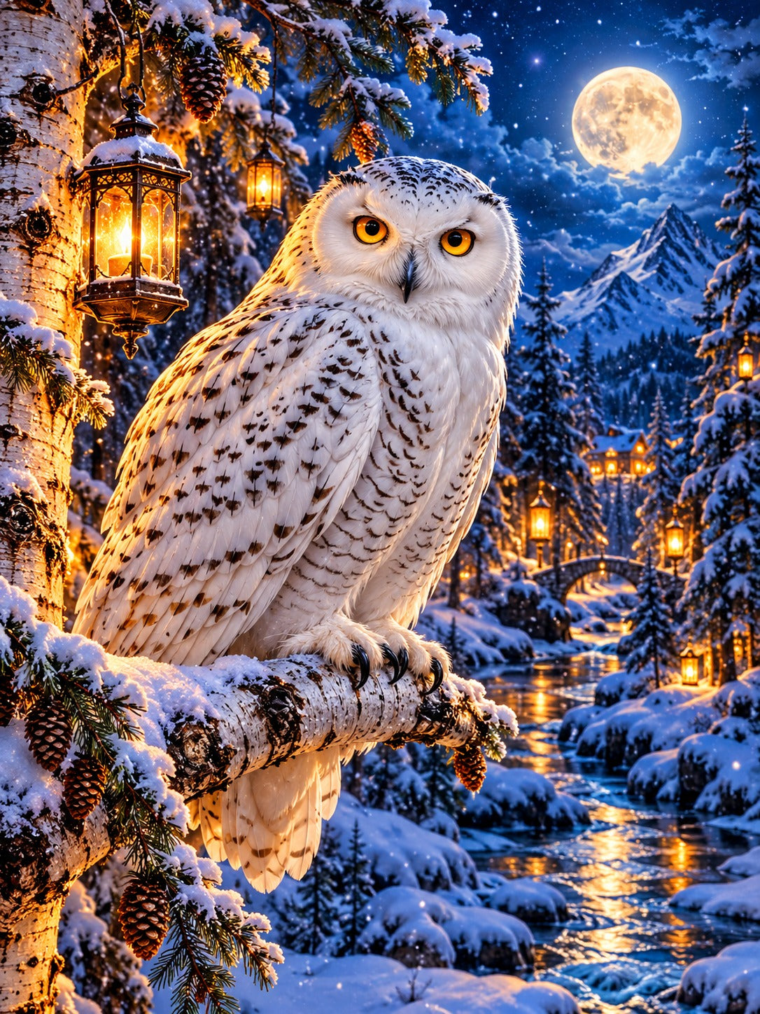 Snowy owl in a lantern-lit winter forest, Christmas diamond painting kit by All Diamond Painting