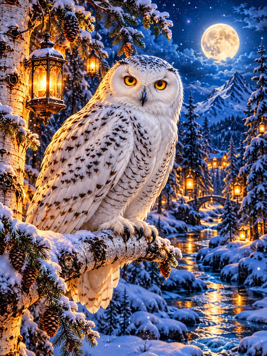 Snowy owl in a lantern-lit winter forest, Christmas diamond painting kit by All Diamond Painting
