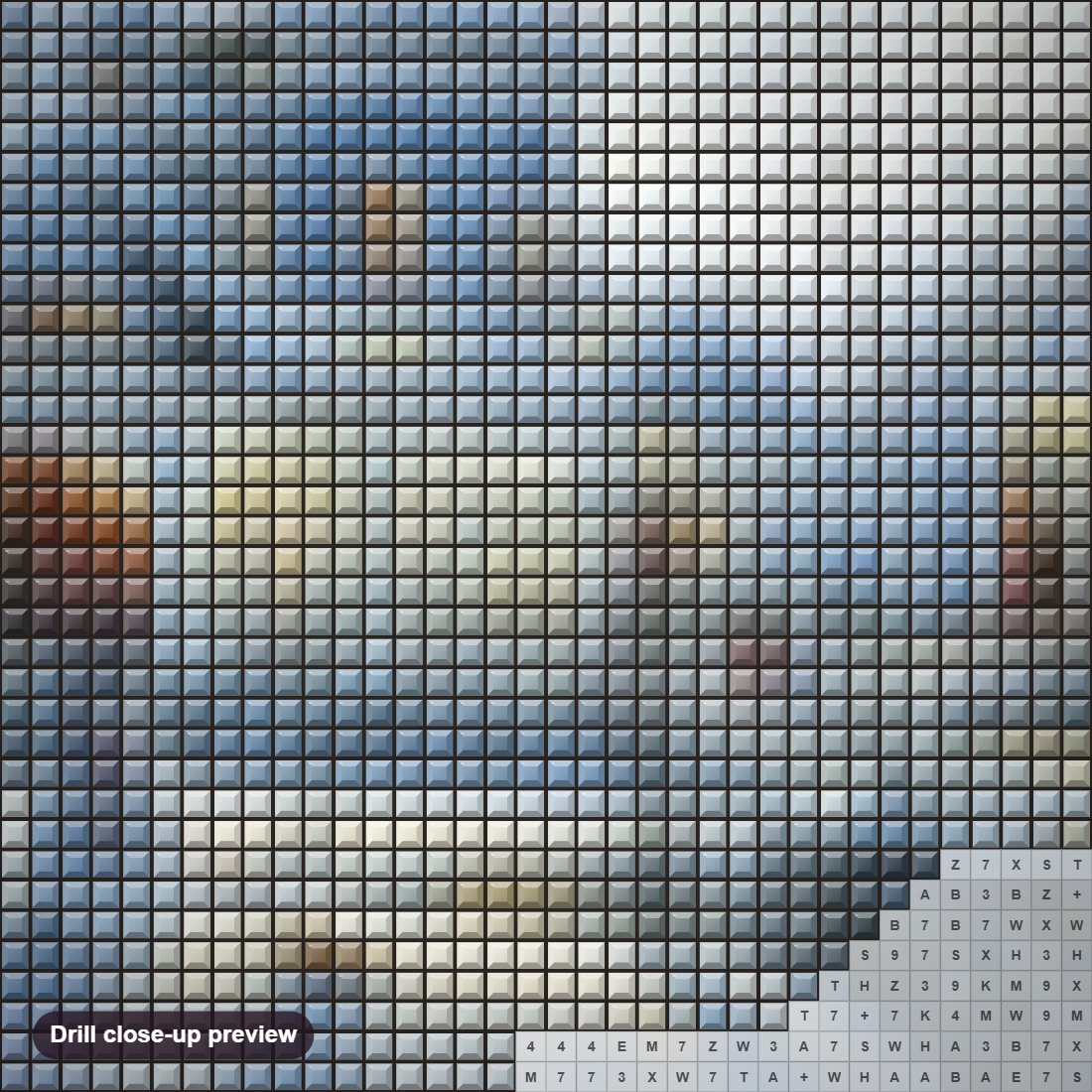 Close-up preview of the Snowy Town diamond painting with square 5D drills and printed canvas symbols