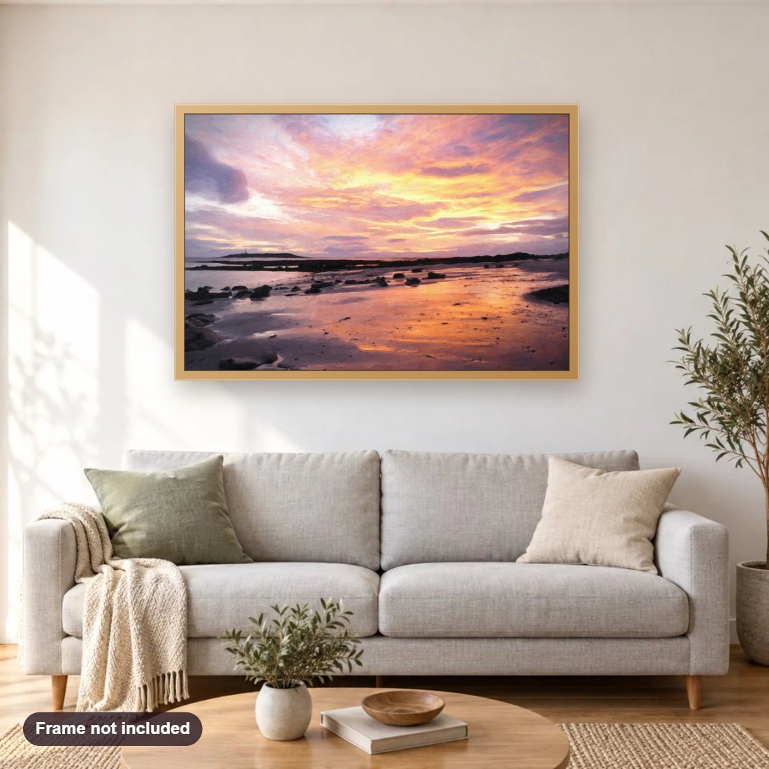 Soft Golden Sunrise diamond painting shown framed on a living room wall above a sofa