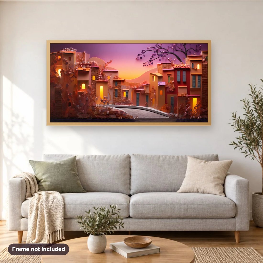Soothing Evening View diamond painting shown framed on a living room wall above a sofa