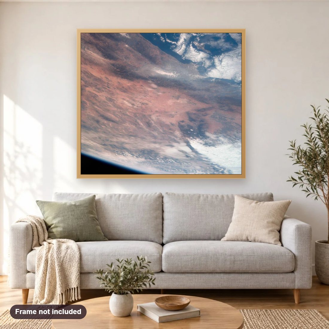 Southern California as Seen From Apollo 7 diamond painting shown framed on a living room wall above a sofa