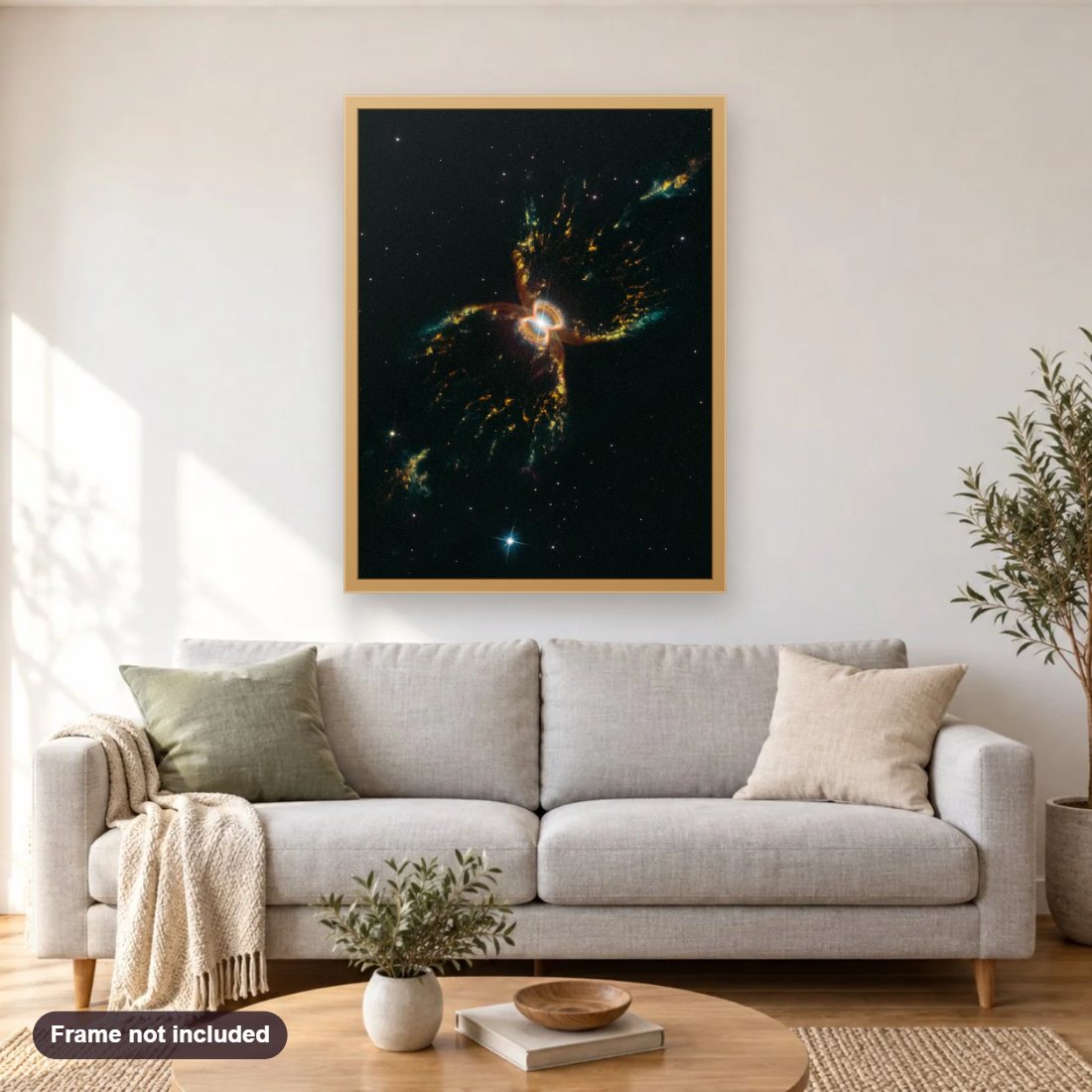 Southern Crab Nebula diamond painting shown framed on a living room wall above a sofa
