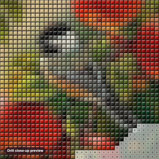 Close-up preview of the Sparrow Sitting on Apple Tree diamond painting with square 5D drills and printed canvas symbols