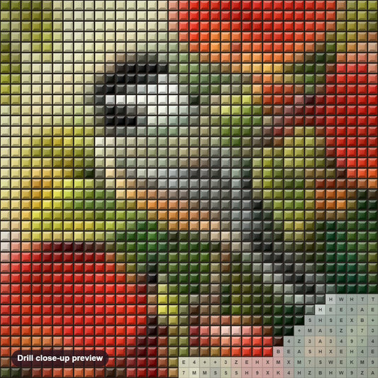 Close-up preview of the Sparrow Sitting on Apples Tree diamond painting with square 5D drills and printed canvas symbols