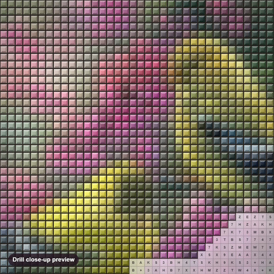 Close-up preview of the Sparrows diamond painting with square 5D drills and printed canvas symbols