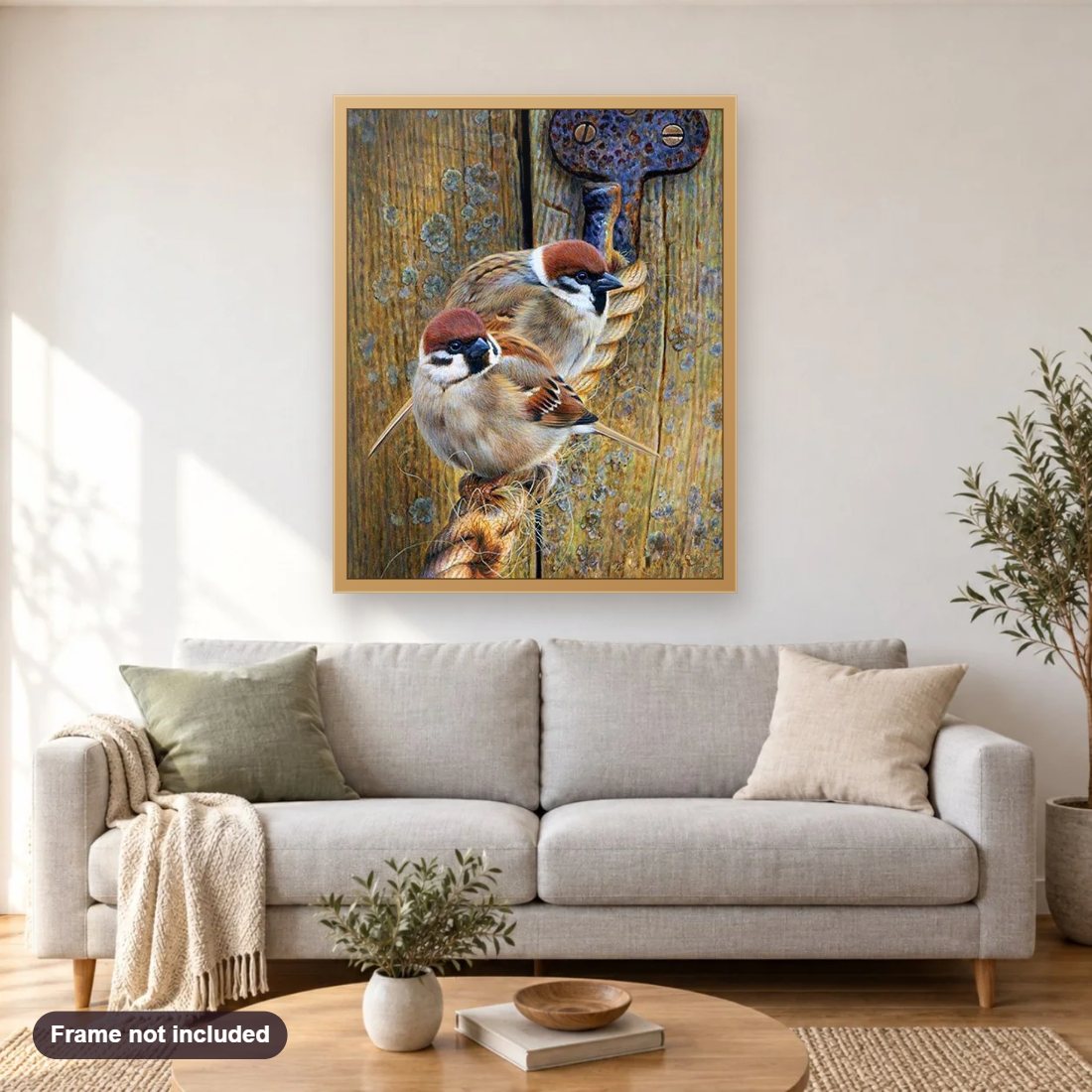 Sparrows Sitting on the Rope diamond painting shown framed on a living room wall above a sofa