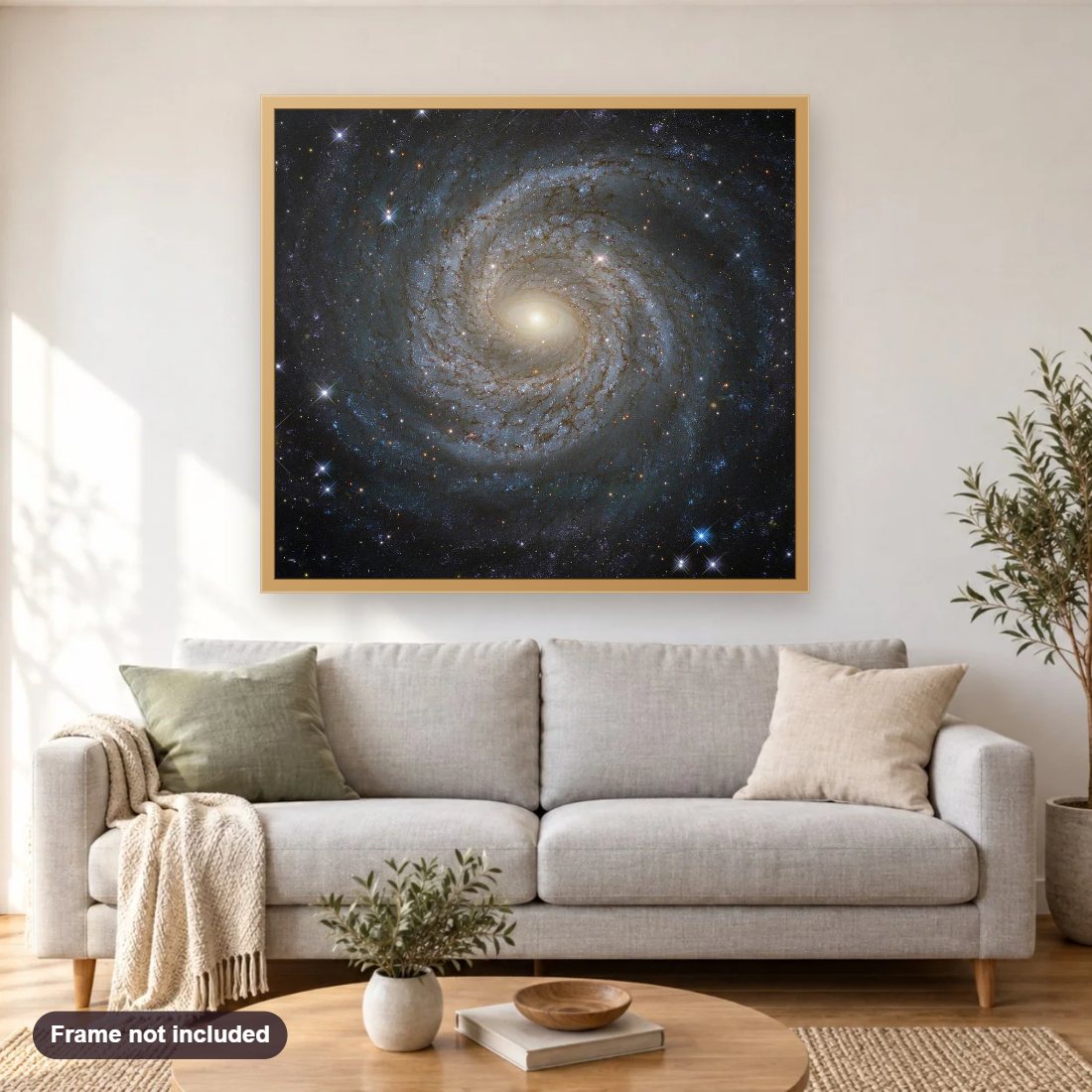 Spiral Snowflake diamond painting shown framed on a living room wall above a sofa