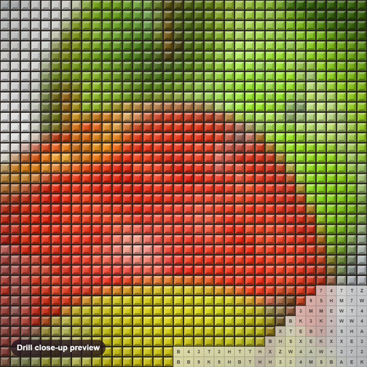 Close-up preview of the Splashing Apples diamond painting with square 5D drills and printed canvas symbols