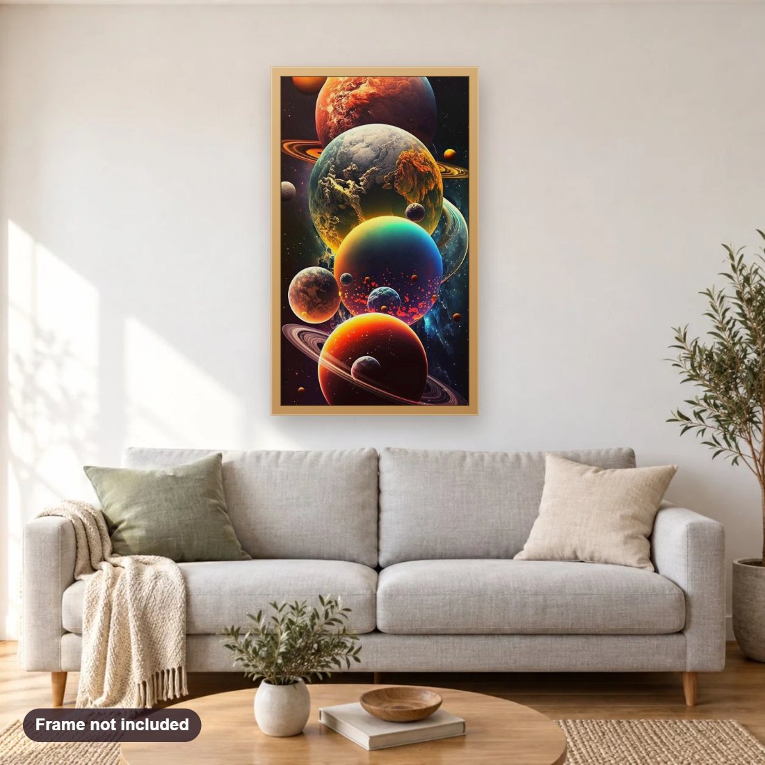 Splendor of Colorful Planets in Space diamond painting shown framed on a living room wall above a sofa