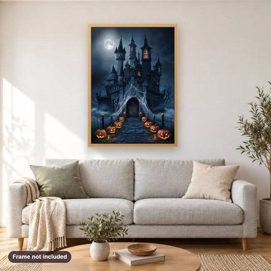 Spooky Halloween Castle diamond painting shown framed on a living room wall above a sofa