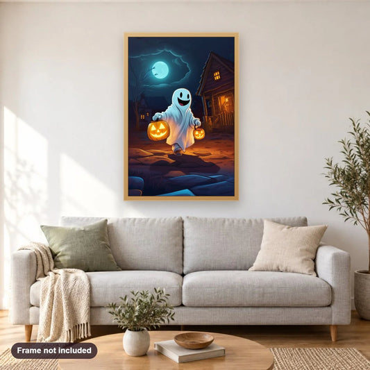 Spooky Halloween diamond painting shown framed on a living room wall above a sofa