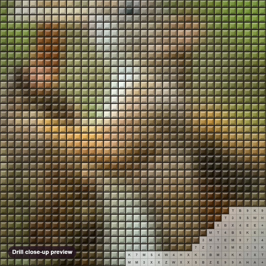 Close-up preview of the Squirrel & Sparrow diamond painting with square 5D drills and printed canvas symbols