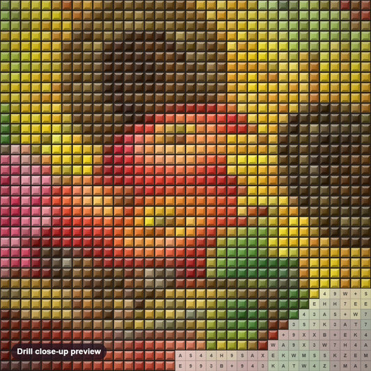 Close-up preview of the Squirrel, Sparrow & Sunflowers diamond painting with square 5D drills and printed canvas symbols