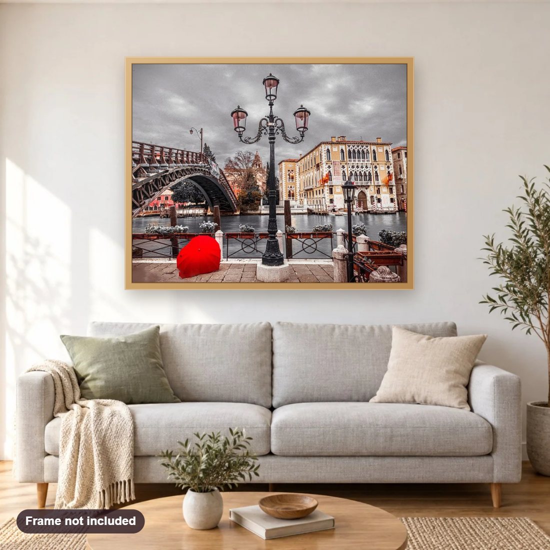 St. Mark's diamond painting shown framed on a living room wall above a sofa