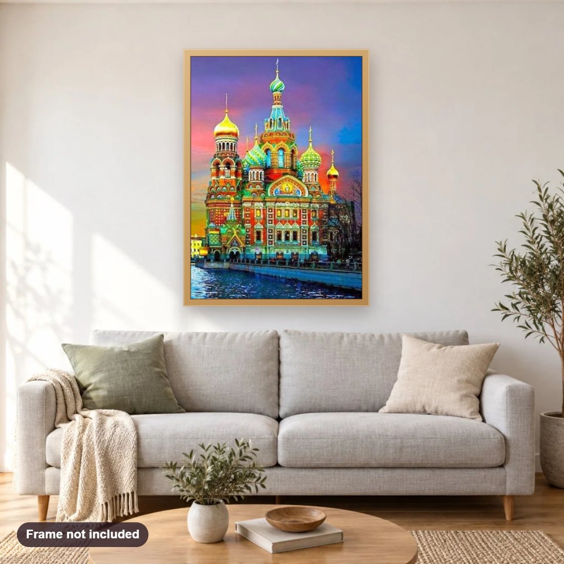 St Petersburg Cathedral Moscow diamond painting shown framed on a living room wall above a sofa
