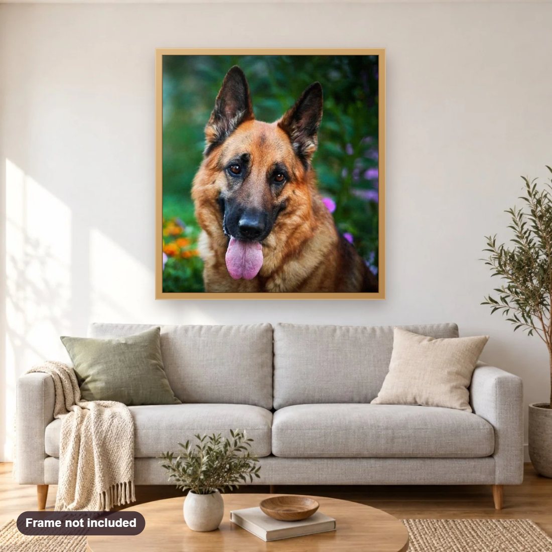Staggering German Shepherd Dog diamond painting shown framed on a living room wall above a sofa