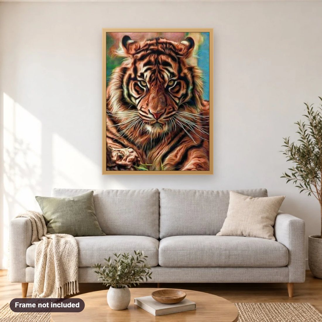 Staggering Tiger diamond painting shown framed on a living room wall above a sofa