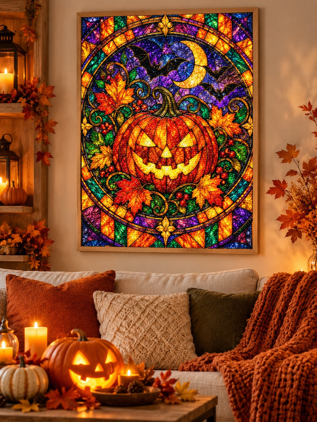Finished stained glass jack-o'-lantern window with bats and moon diamond painting in a light oak frame hanging in a cozy living room decorated for autumn and Halloween
