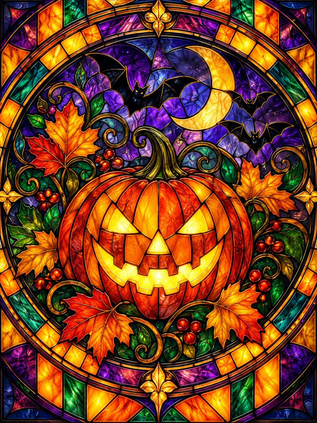 Stained glass jack-o'-lantern window with bats and moon, Halloween diamond painting kit by All Diamond Painting