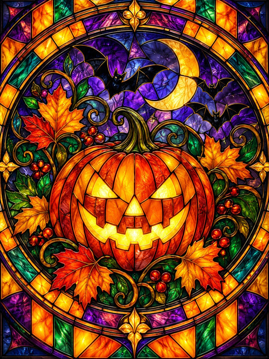 Stained glass jack-o'-lantern window with bats and moon, Halloween diamond painting kit by All Diamond Painting