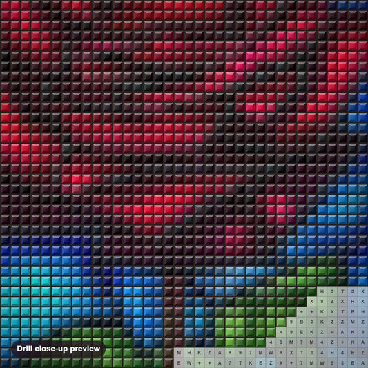Close-up preview of the Stained Glass Rose diamond painting with square 5D drills and printed canvas symbols
