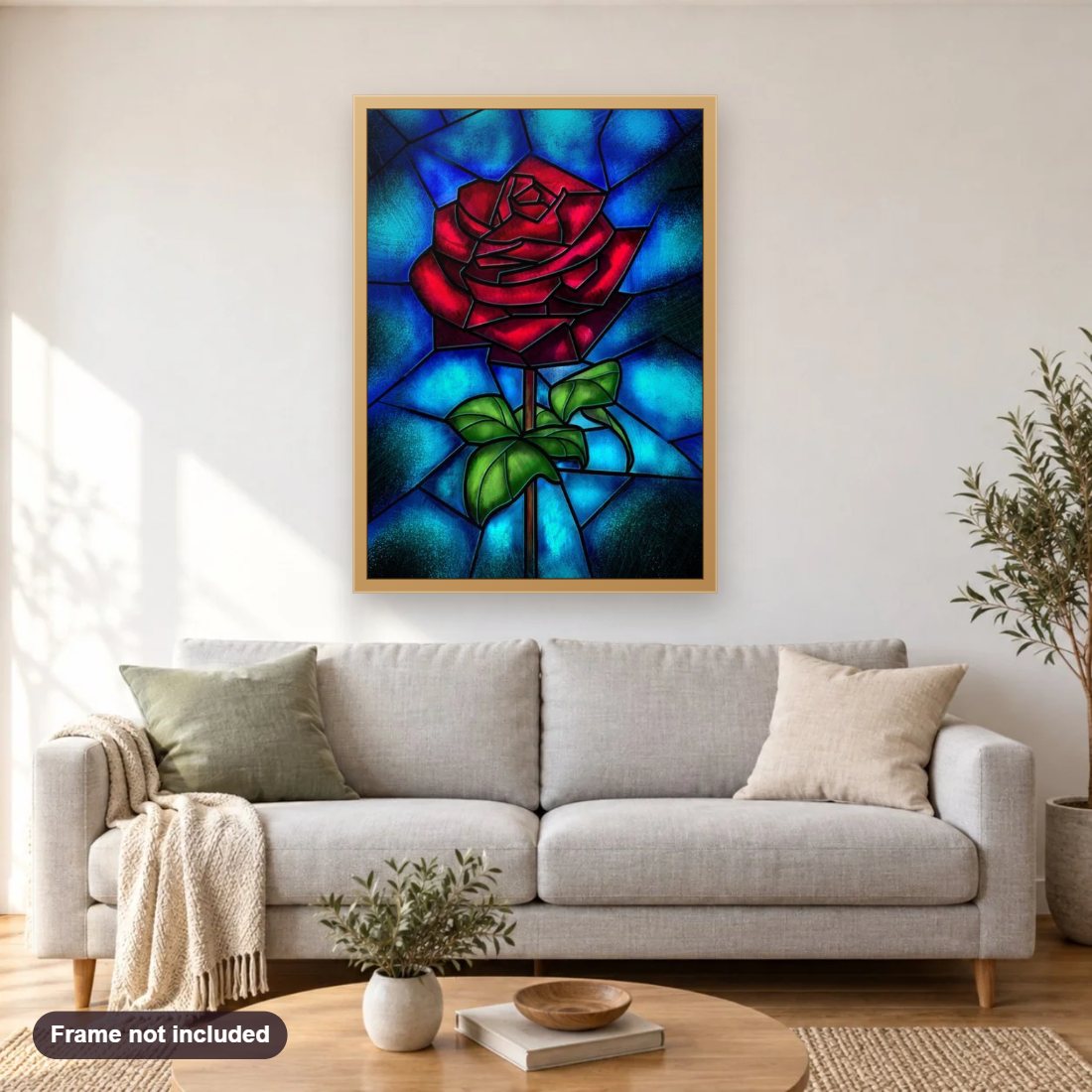 Stained Glass Rose diamond painting shown framed on a living room wall above a sofa