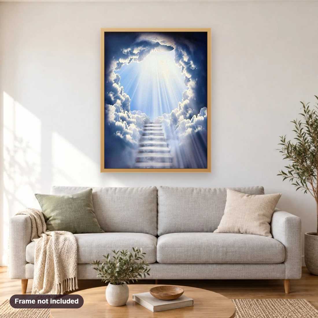Stairs to Heaven diamond painting shown framed on a living room wall above a sofa