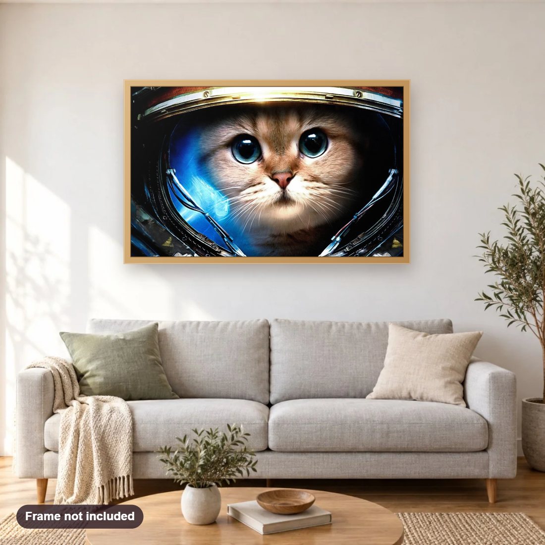 Star Craft Kitty diamond painting shown framed on a living room wall above a sofa