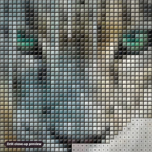 Close-up preview of the Staring White Leopard diamond painting with square 5D drills and printed canvas symbols