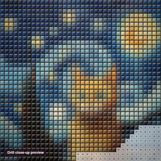 Close-up preview of the Starry Night Cat diamond painting with square 5D drills and printed canvas symbols