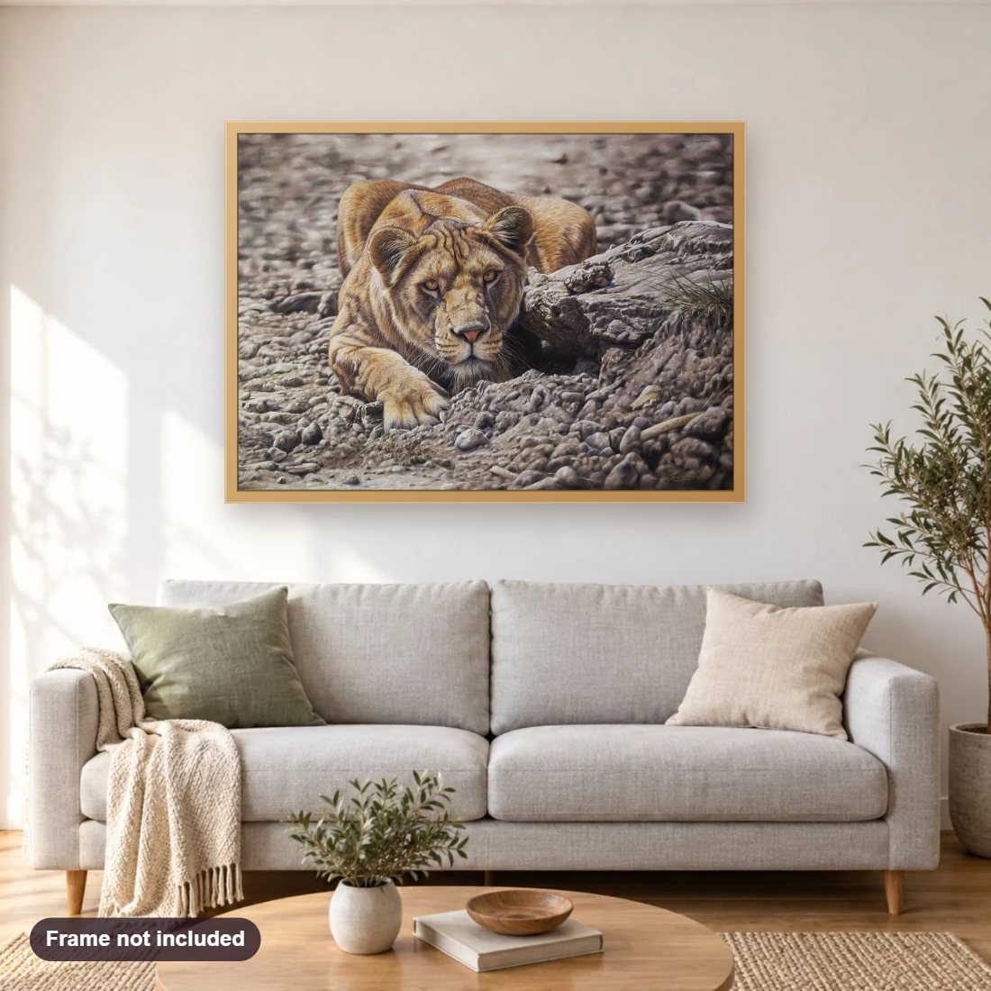 Still Life diamond painting shown framed on a living room wall above a sofa