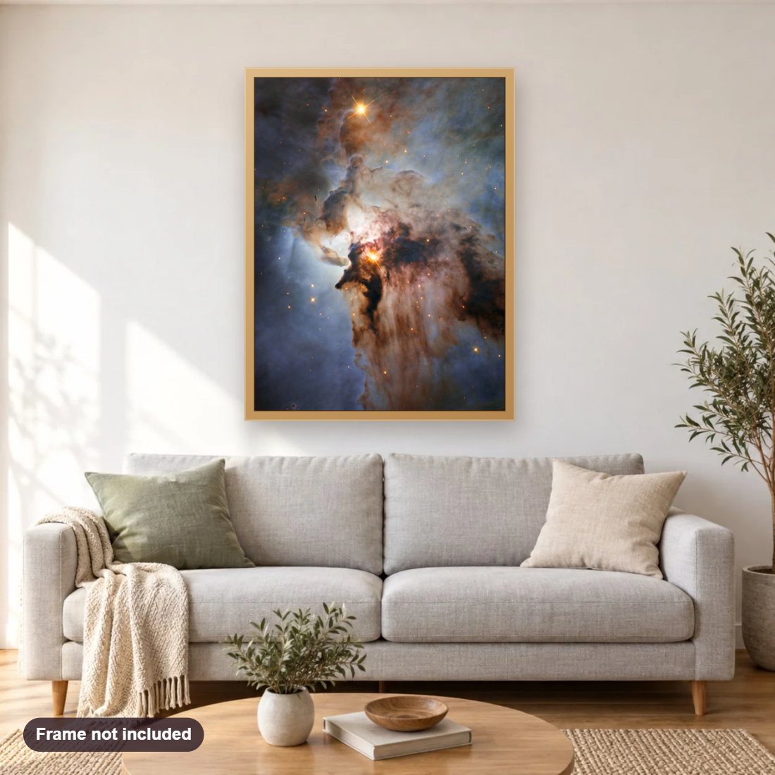 Stormy Seas in Sagittarius diamond painting shown framed on a living room wall above a sofa