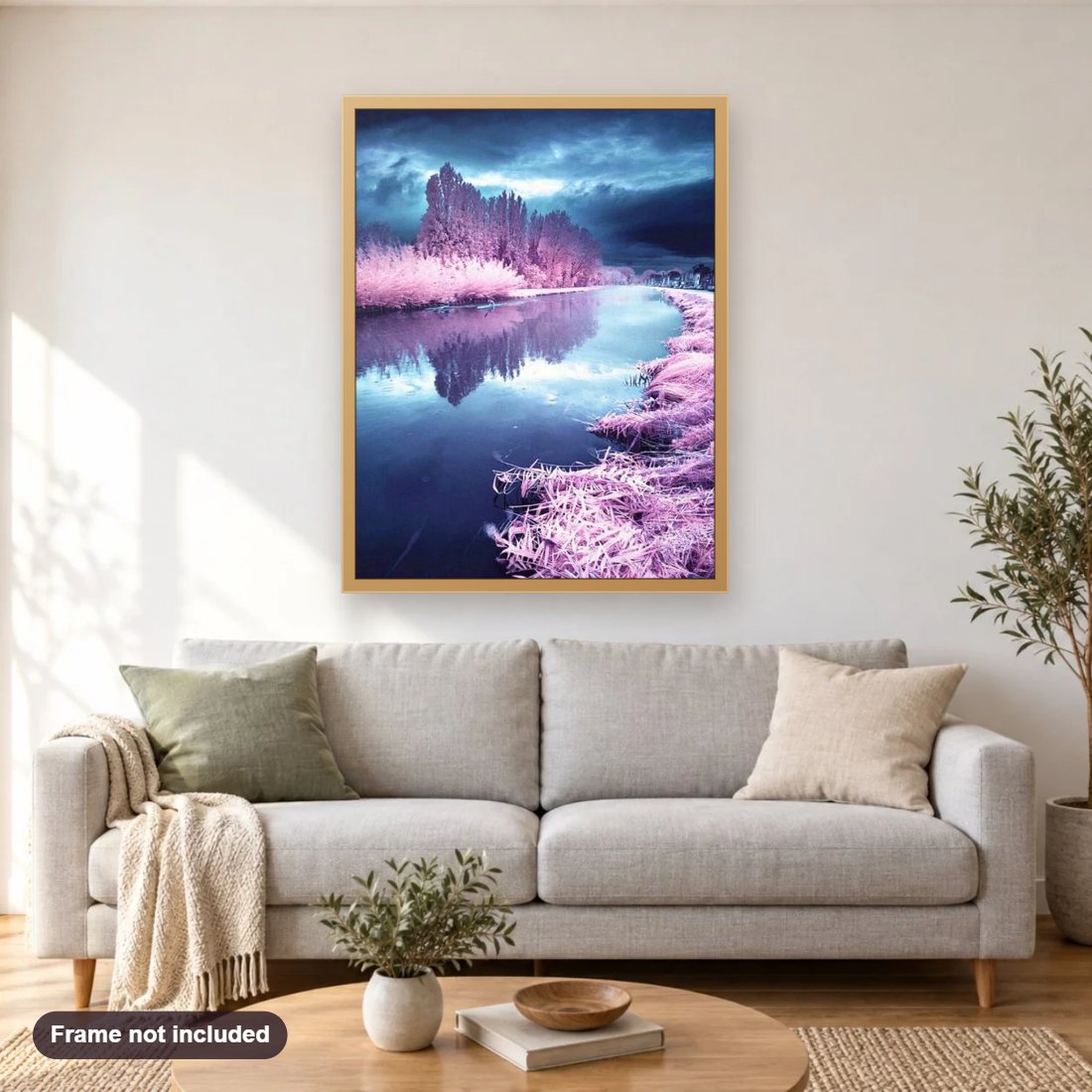 Stormy Sky diamond painting shown framed on a living room wall above a sofa