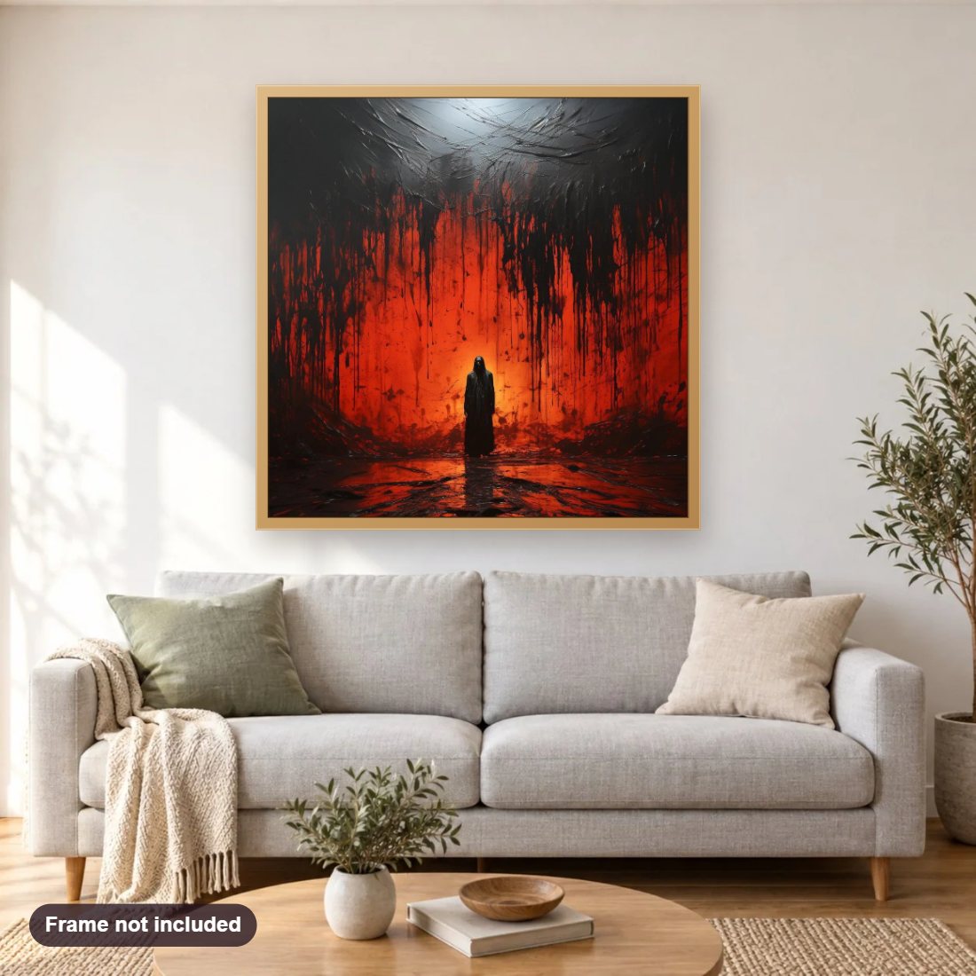 Straight from the Hell diamond painting shown framed on a living room wall above a sofa