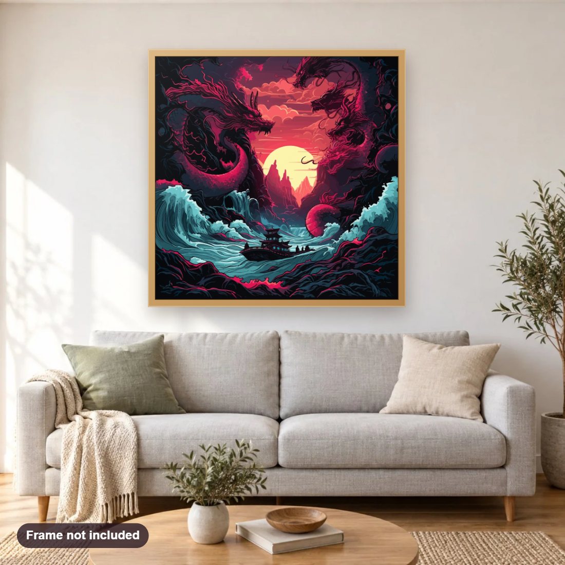Stranded in the Storm diamond painting shown framed on a living room wall above a sofa