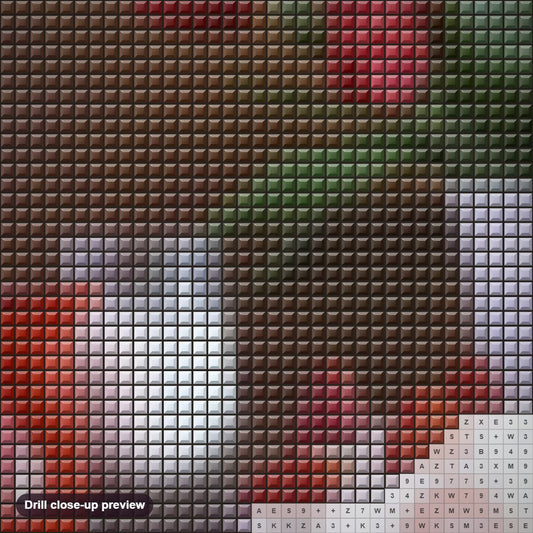Close-up preview of the Strawberries, Milk & Flowerpot diamond painting with square 5D drills and printed canvas symbols