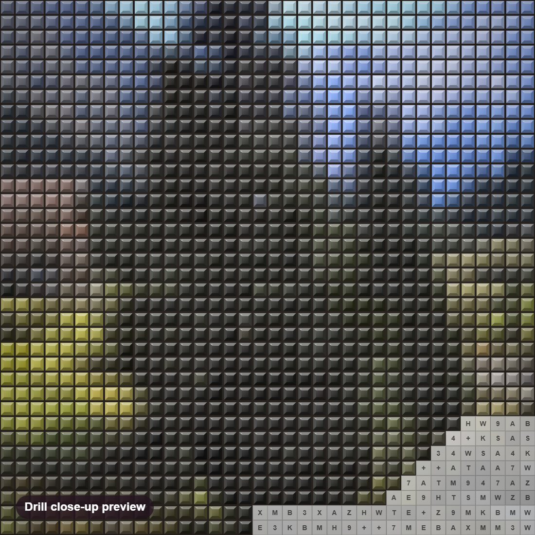 Close-up preview of the Streamside Mountain Chalet diamond painting with square 5D drills and printed canvas symbols