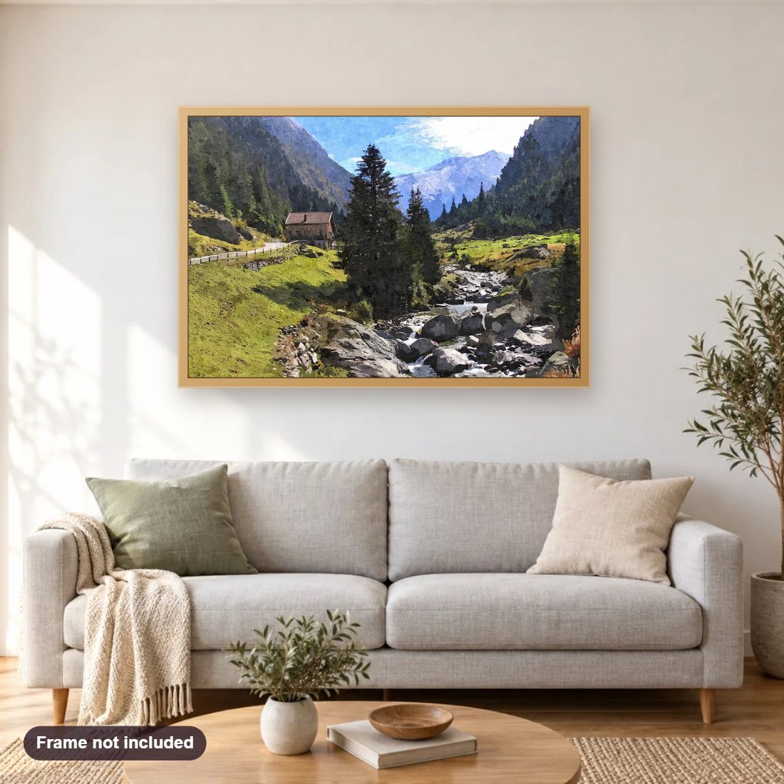 Streamside Mountain Chalet diamond painting shown framed on a living room wall above a sofa