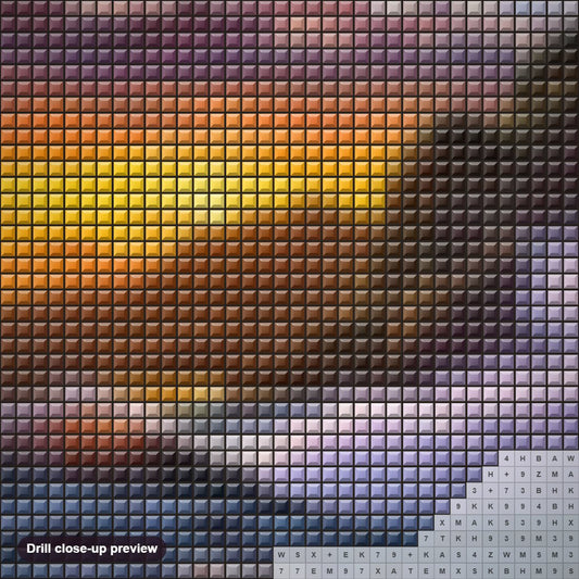 Close-up preview of the Striking Waves & Sunset Sky diamond painting with square 5D drills and printed canvas symbols