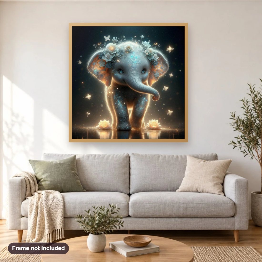 Stunning Baby Elephant With Shining Flowers diamond painting shown framed on a living room wall above a sofa