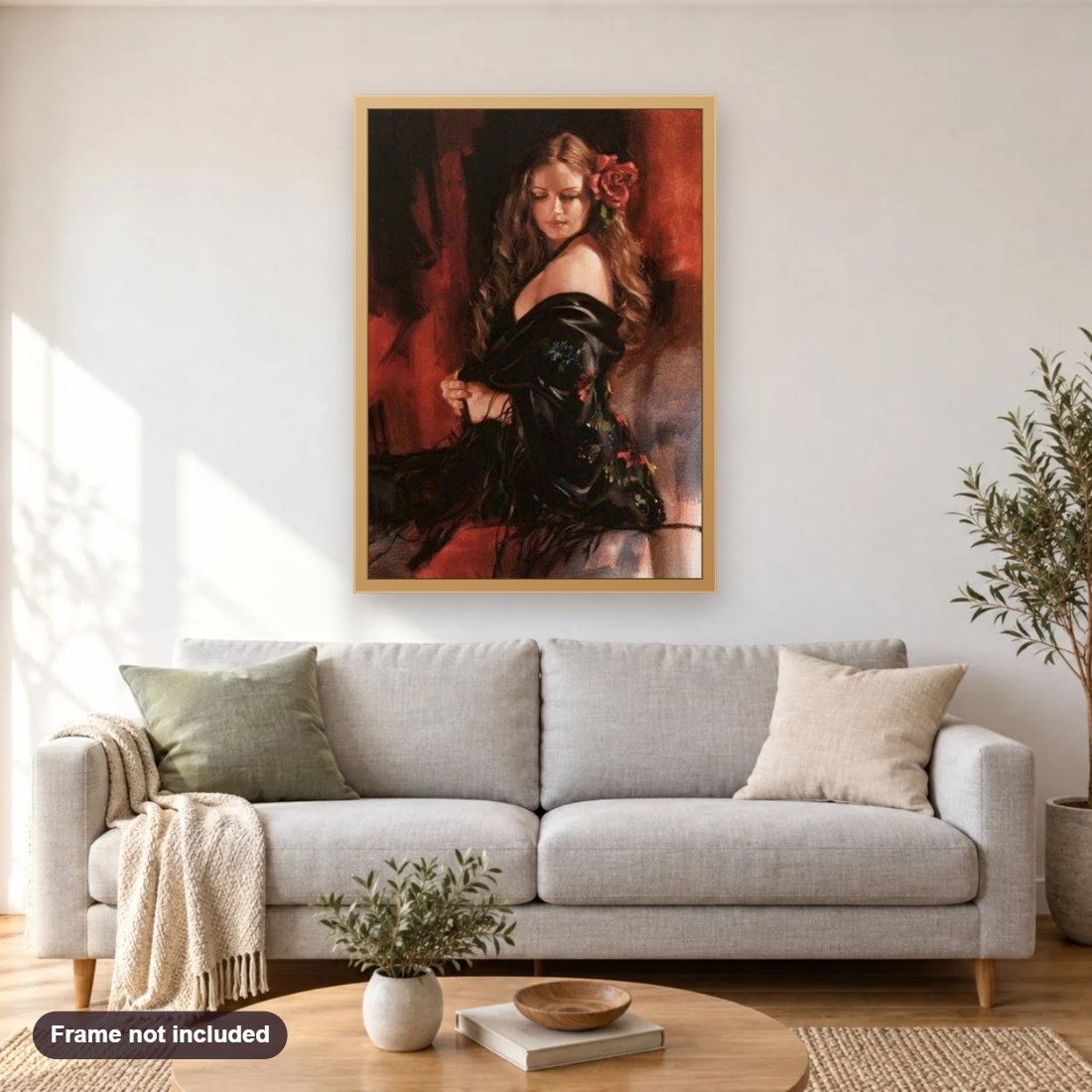 Stunning Beauty in Black diamond painting shown framed on a living room wall above a sofa