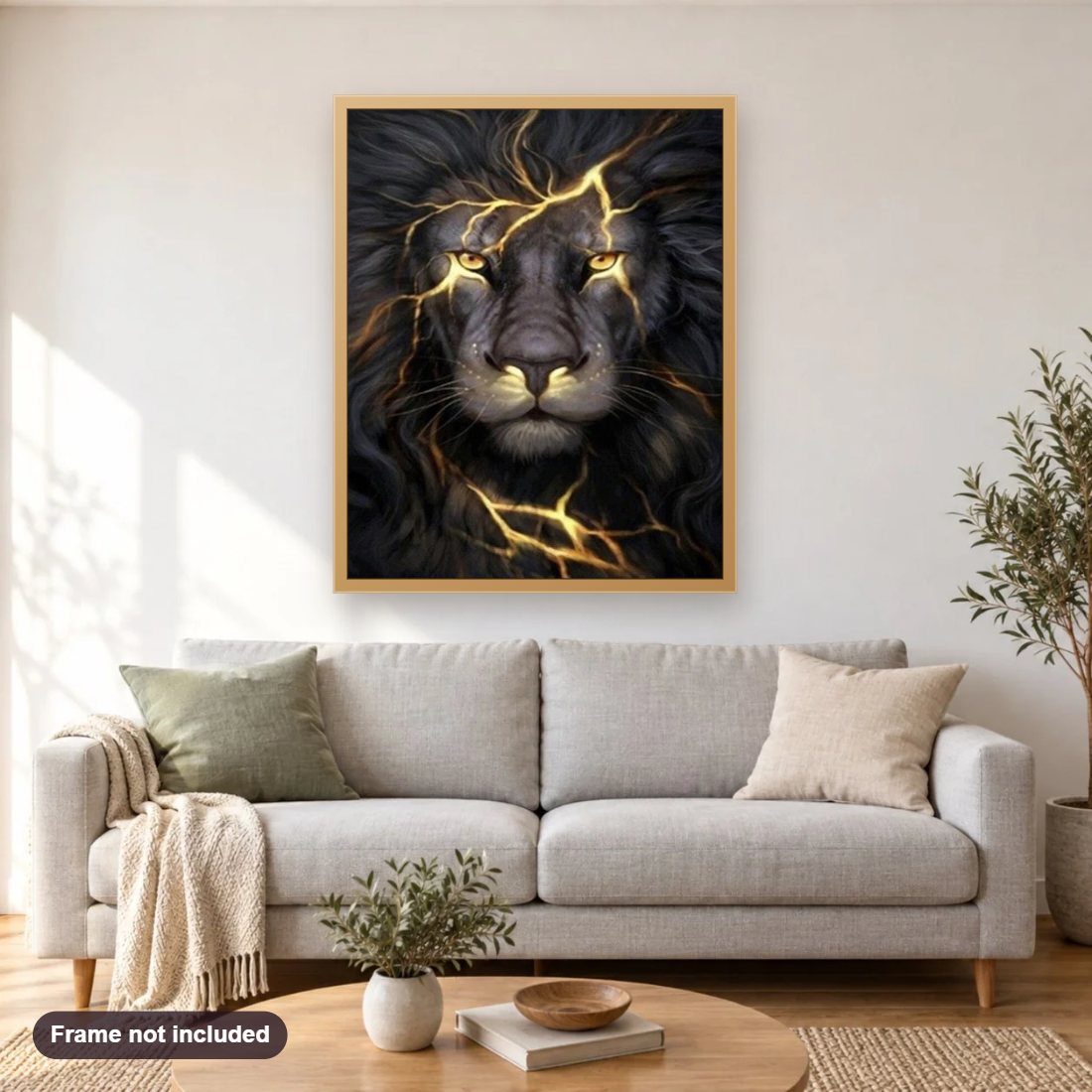 Stunning Black Lion diamond painting shown framed on a living room wall above a sofa