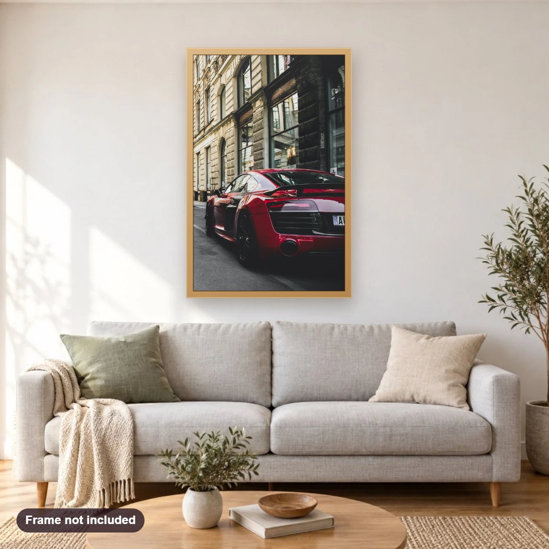 Stunning Car diamond painting shown framed on a living room wall above a sofa