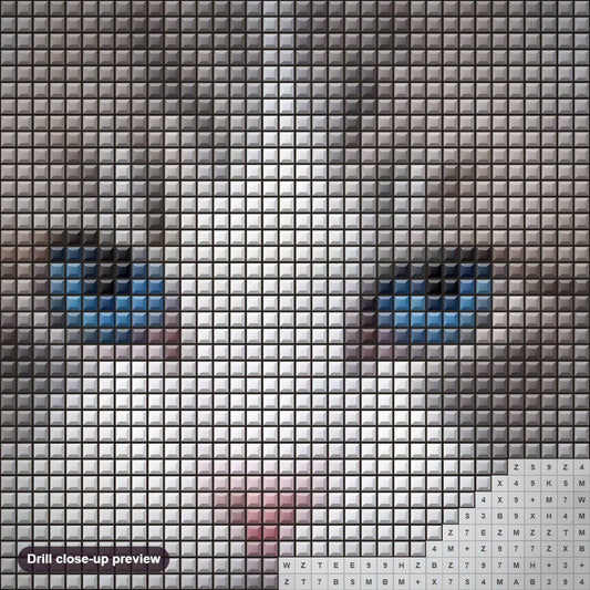 Close-up preview of the Stunning Cat with Blue Eyes diamond painting with square 5D drills and printed canvas symbols