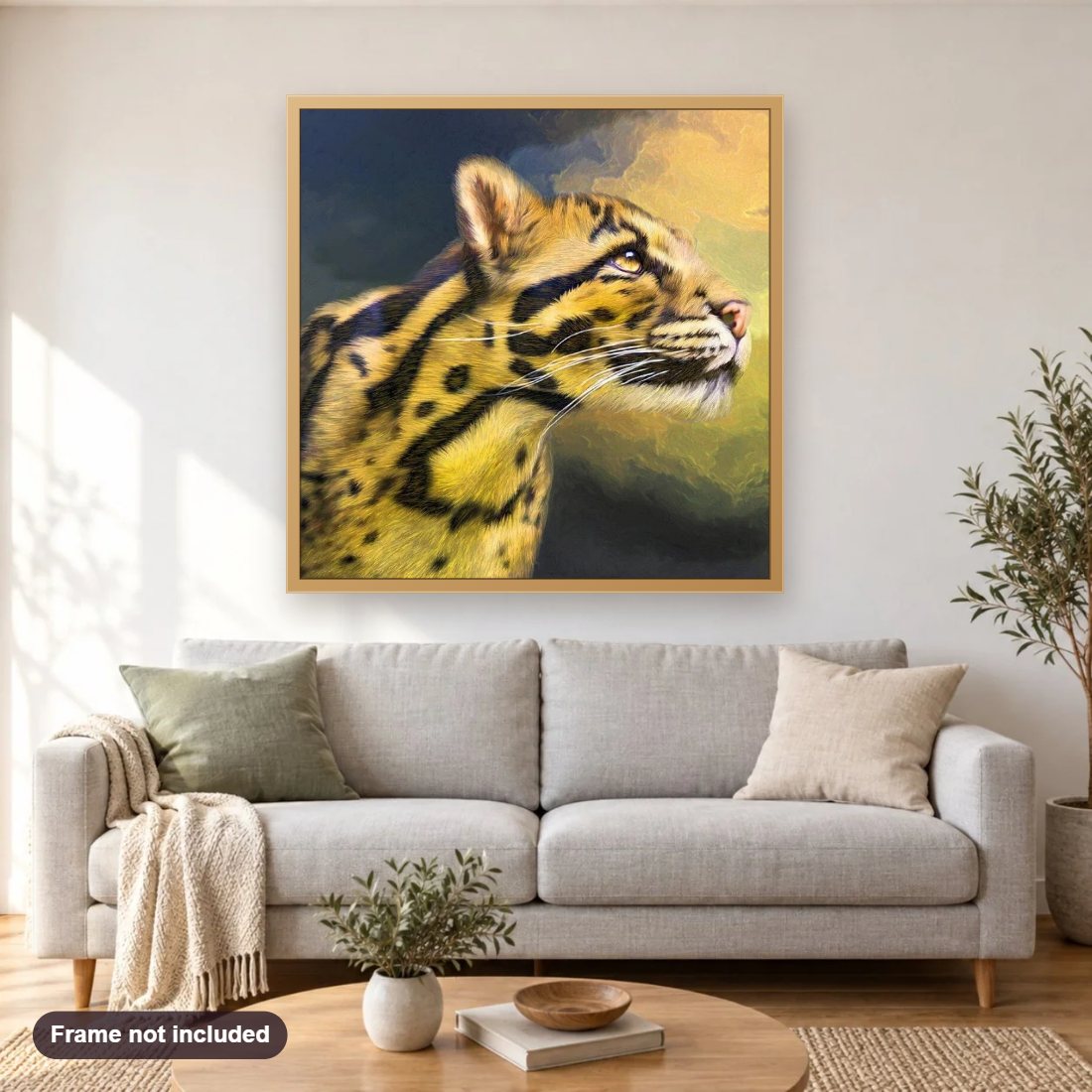Stunning Cheetah diamond painting shown framed on a living room wall above a sofa