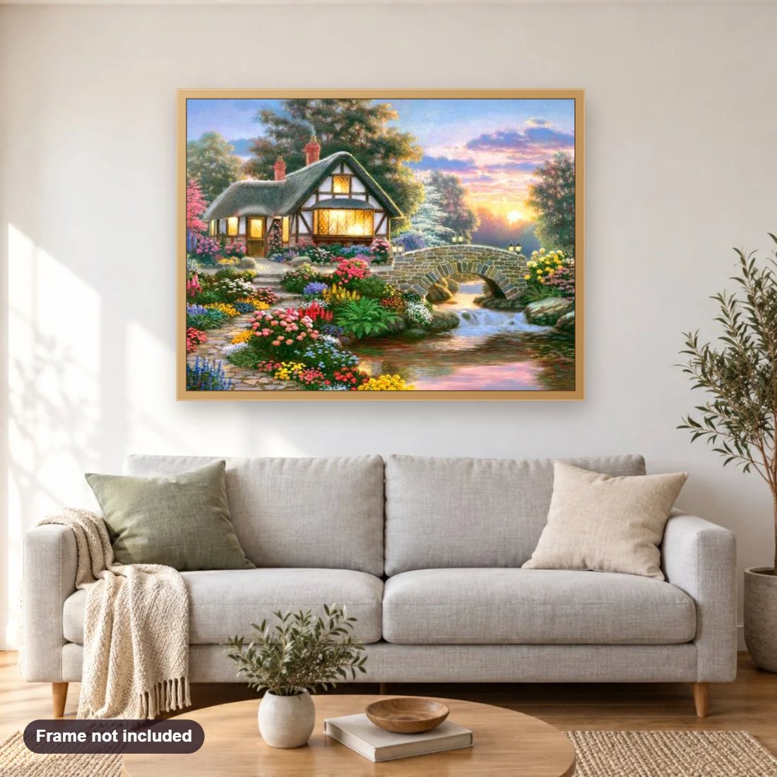 Stunning Dream Place diamond painting shown framed on a living room wall above a sofa